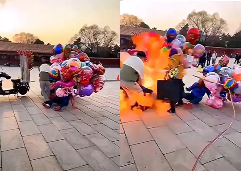 ▲中國瀋陽氫氣球攤販搶出火氣，氣球竟瞬間爆炸。（圖／美聯社）