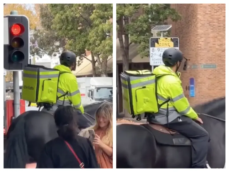 ▲澳洲雪梨帕丁頓（Paddington）街頭，日前一位UberEats外送員，騎著一匹高大黑馬進行送餐，影像在網路爆紅，不過該位外送員隨即遭到UberEats除名。（圖／翻攝自TikTok）