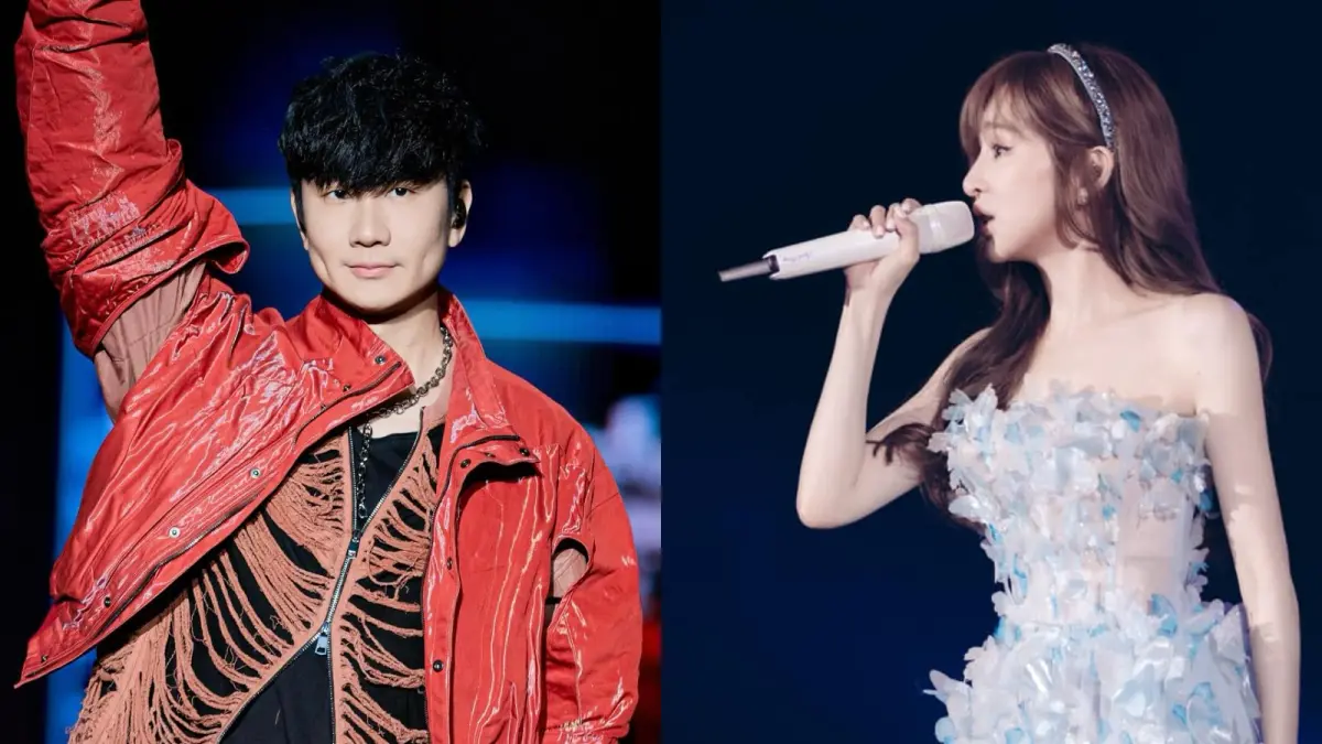 ▲林俊傑（左）與王心凌在天津相距300公尺開唱，隔空互唱〈當你〉。（圖／翻攝自林俊傑、王心凌臉書）