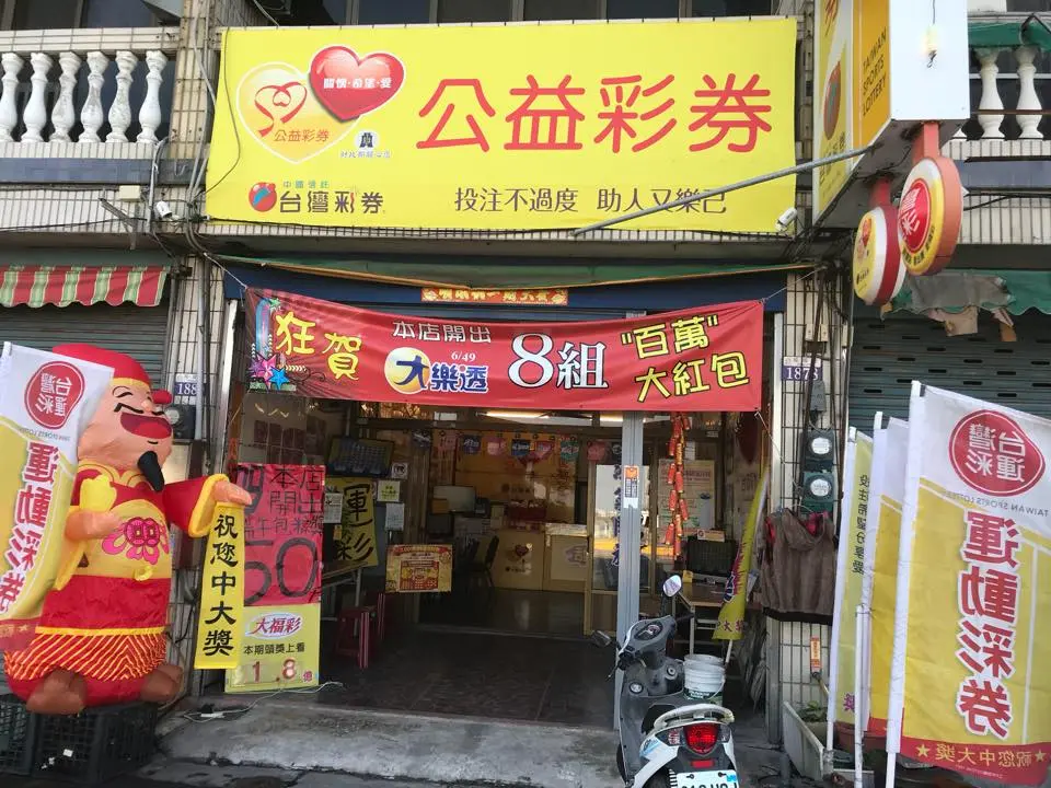 ▲台中市大甲區孟春里經國路1878號1樓「日南來就發彩券行」開出威力彩頭獎2.7億元。（圖／取自日南來就發彩券行 臉書）