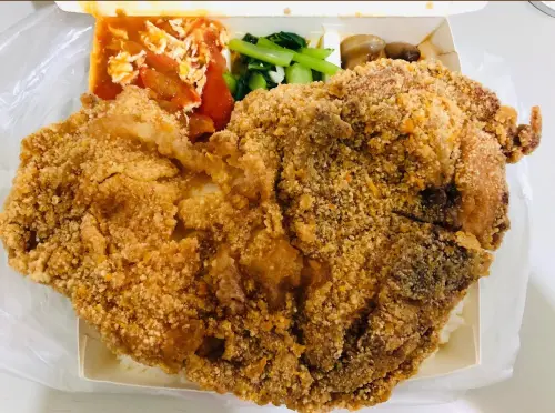 ▲大山排骨飯的雞排飯又大又厚實，從紙袋中拿出後，幾乎快看不到底下便當盒的飯與配菜。（圖／翻攝Google 評論）