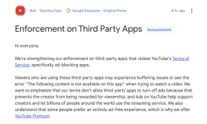 ▲YouTube在社群上發出公告，內文提到正在加強違反YouTube服務條款的第三方應用程式，特別點出「廣告攔截」應用相關。（圖／翻攝官網）