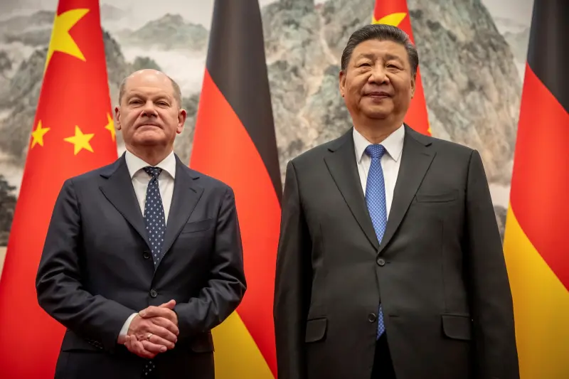 ▲德國總理蕭茲率領代表團訪問中國，並與中國國家主席習近平會晤。（圖／美聯社／達志影像）