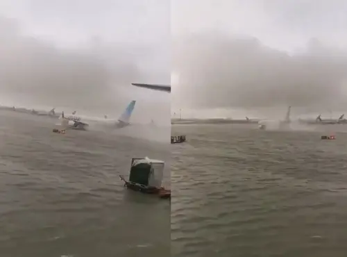 ▲杜拜機場停機坪不敵大雨淹水，飛機試圖在水中滑行。（圖／翻攝自Ｘ）