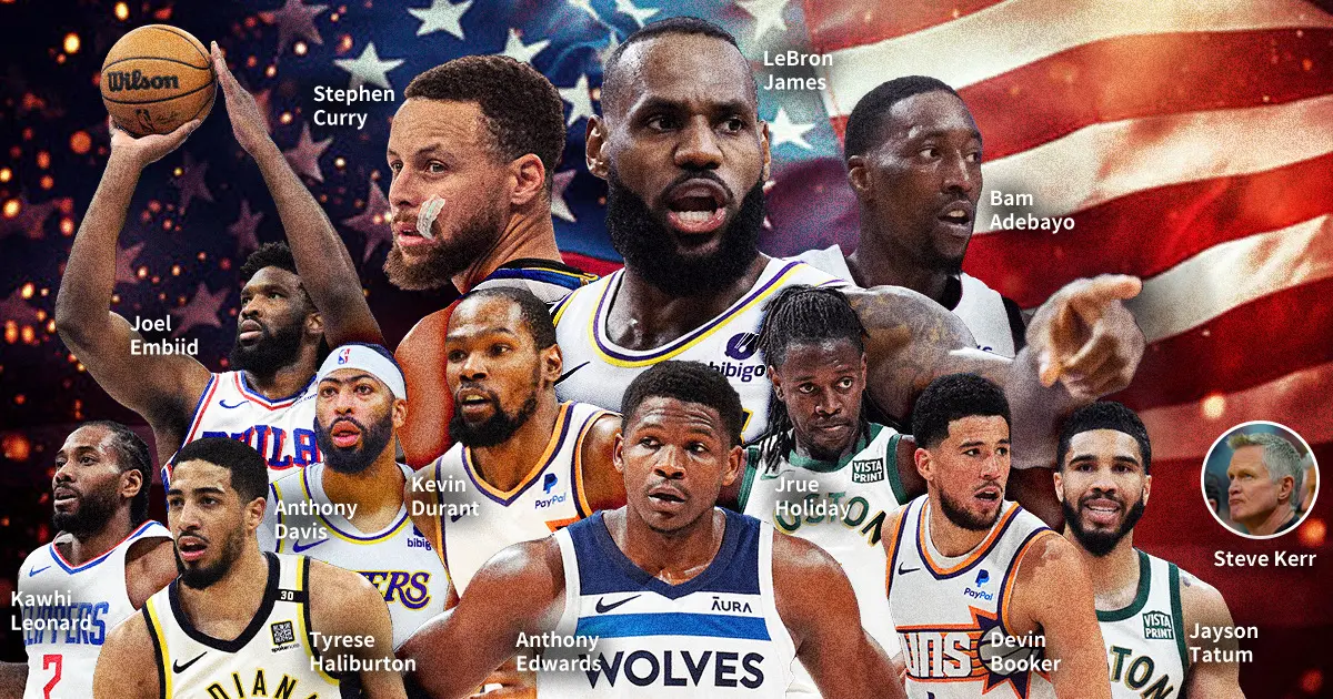 ▲詹皇、Curry領軍美國男籃，陣容十分豪華，但目前有半數成員在季後賽遭淘汰，將專心備戰奧運。（圖／NOWnews社群中心製表）