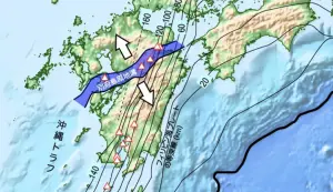 ▲昨晚日本地震深度為39公里，而南海海槽則是在歐亞大陸板塊和菲律賓海板塊交界深度20公里的位置。（圖／地震專家郭鎧紋提供）
