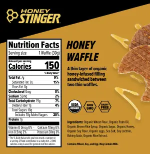 ▲球星大谷翔平所吃的蜂蜜鬆餅（Honey Stinger Waffle）營養成分表。（圖／翻攝自Honey Stinger官網）