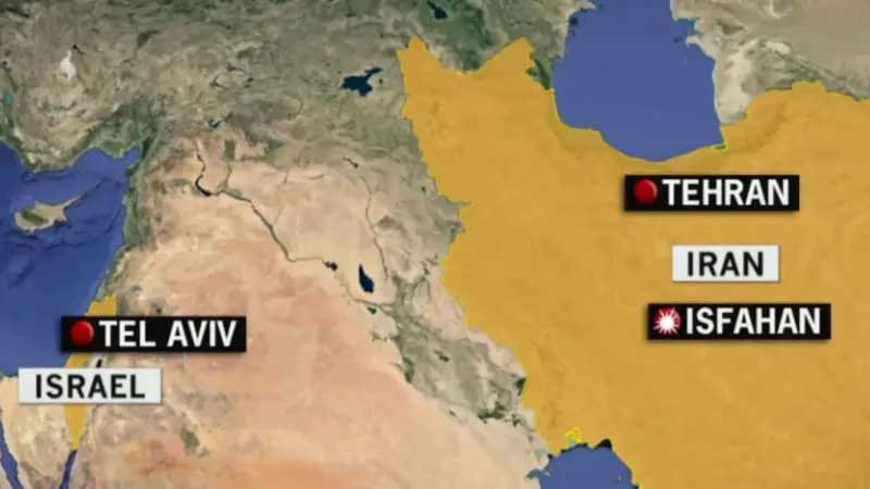 ▲以色列據悉在19日凌晨，對伊朗多地發動空襲。地理位置示意圖。（圖／翻攝自NBC News）