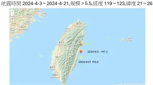 ▲2024年4月3日之後，，芮氏規模5.5以上的地震大多發生在花蓮北側，剛好填補前陣子的空白區。（圖／地震專家郭鎧紋提供）