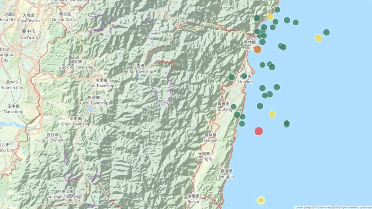 ▲0403花蓮7.2強震後，主要餘震都出現在「主震中心北側」，南側的餘震少之又少。（圖／地震專家郭鎧紋提供）