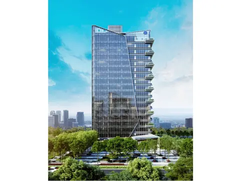 ▲北士科將是台北首座結合住宅與A辦總部的無堤濱水商圈，圖為最近水岸的新洲美段頂辦首發案「遠雄商舟」建築外觀3D透視示意。（圖／品牌提供）