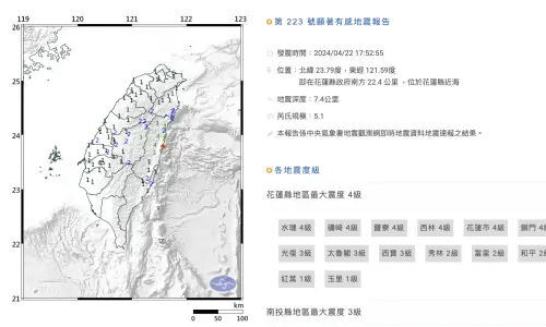 ▲今（22）日下午5點17分，花蓮發生有感地震，芮氏規模4.9。（圖／中央氣象署提供）