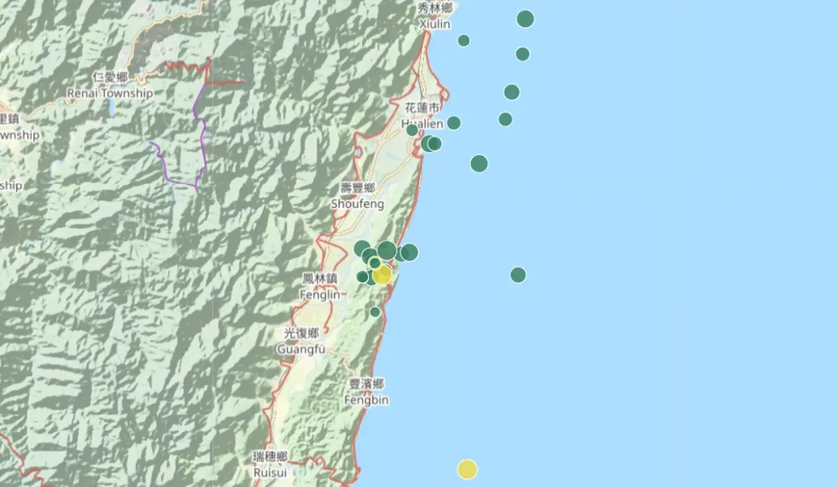 ▲0403花蓮7.2地震持續在釋放能量，今（22）日傍晚5點開始，花蓮壽豐附近連續出現多起餘震。（圖／翻攝中央氣象署官網）