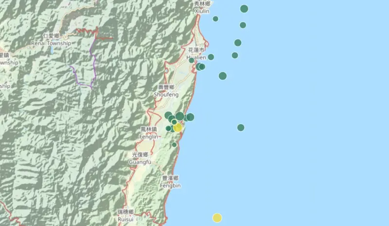 ▲0403花蓮7.2地震持續在釋放能量，今（22）日傍晚5點開始，花蓮壽豐附近連續出現多起餘震。（圖／翻攝中央氣象署官網）
