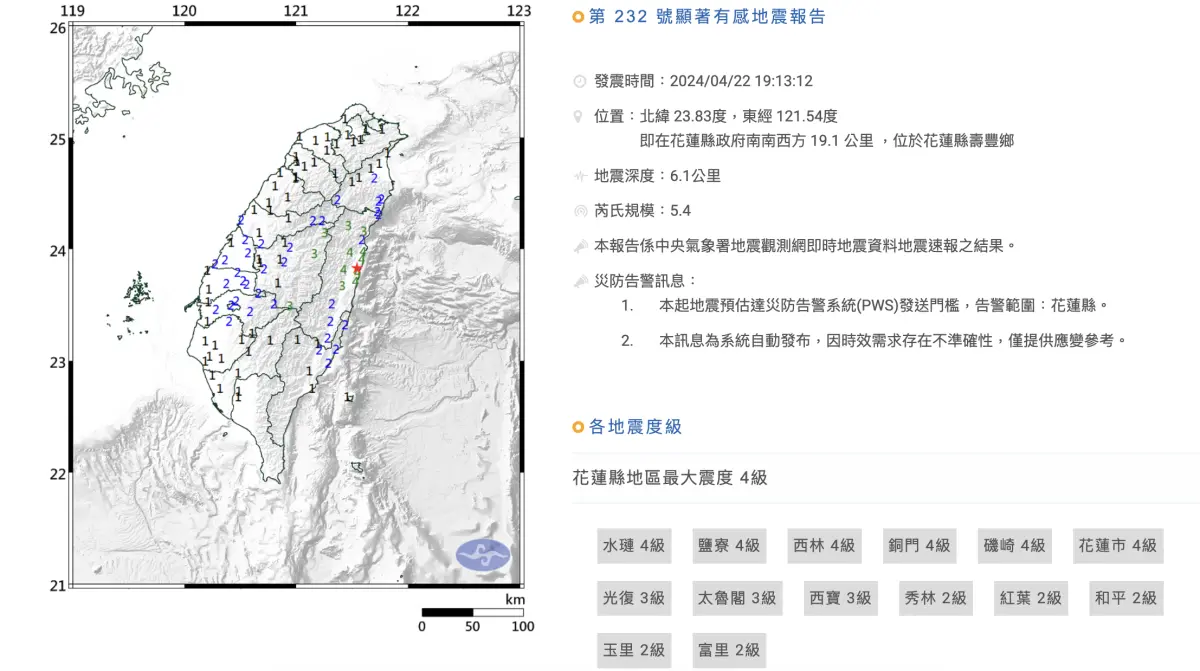 ▲花蓮縣22日17時08分之後，已出現37起顯著有感地震，其中最大規模5.9，最大震度皆為4級。（圖／翻攝自中央氣象署）