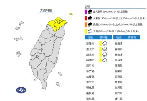 ▲受鋒面影響，中央氣象署發布「大雨特報」，全台各地整天皆有降雨機率。（圖／中央氣象署提供）