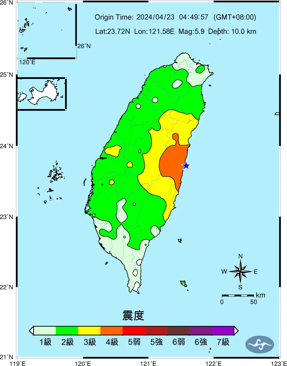▲4月23日早上4時49分，花蓮近海發生規模5.9地震，花蓮地區最大震度4集。（圖／中央氣象署）