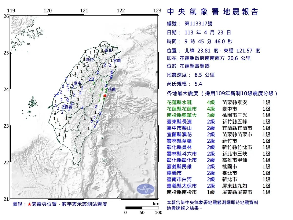 ▲花蓮地震不間斷，早上9時45分又發生芮氏規模5.4的地震。（圖/中央氣象署提供）