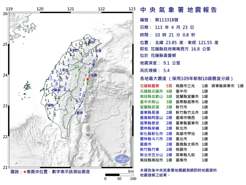 ▲花蓮餘震不斷！10:21又發生芮氏規模5.4的地震，最大震度5弱。（圖/中央氣象署）