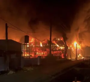 ▲警消趕抵時，該棟位於屏東萬丹的工廠已全面燃燒。（圖／翻攝畫面）