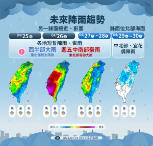 ▲週四新的一波鋒面接近，並在台灣上空滯留徘徊，週五、週六將帶來更劇烈降雨。（圖／中央氣象署）