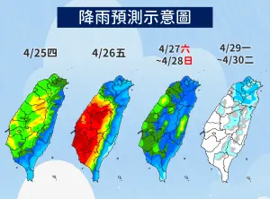 ▲鋒面持續影響台灣天氣，週五將會是本週降雨劇烈的時段，中南部要嚴防豪雨。（圖／中央氣象署提供）