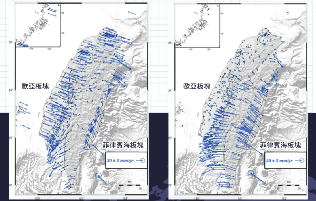 ▲中央氣象署2年前曾表示，大型地震會造成明顯地表位移，同時公布2009年至2018年的「台灣移動對比圖」。（圖／取自中央氣象署臉書）