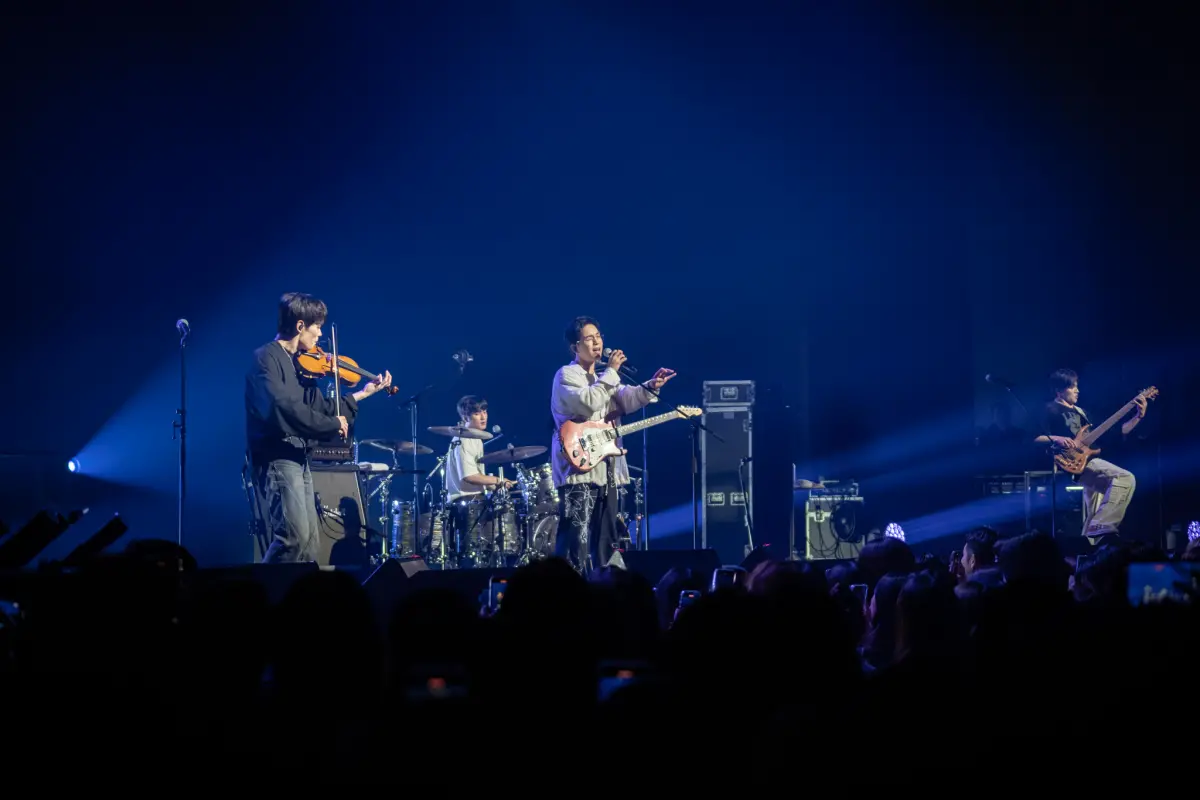 ▲LUCY成員趙元祥、辛禮讚、崔庠燁、申光一來台開唱，還加碼學跳「LUCY國民健康操」，逗趣十足。（圖／超級圓頂）