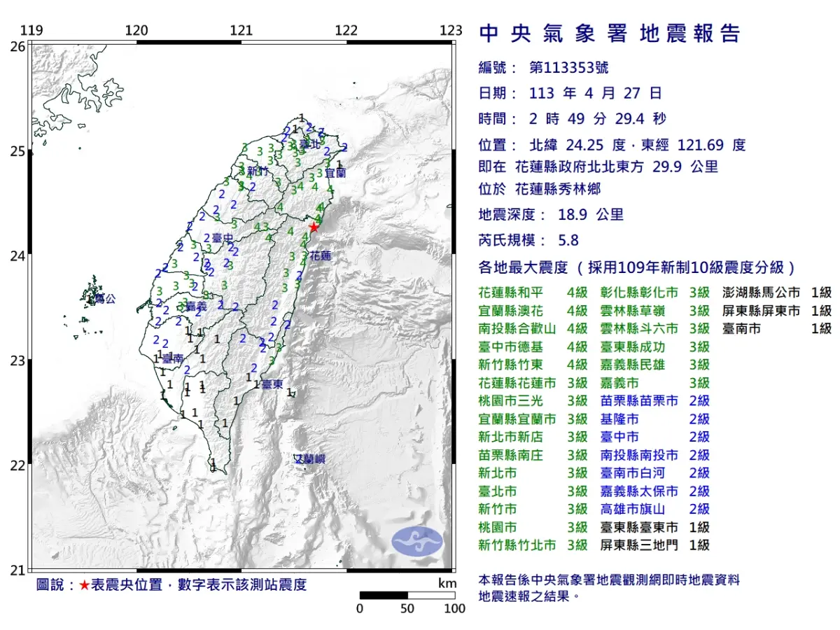 ▲4月27日凌晨2時49分，花蓮發生規模5.8地震。（圖／中央氣象署）