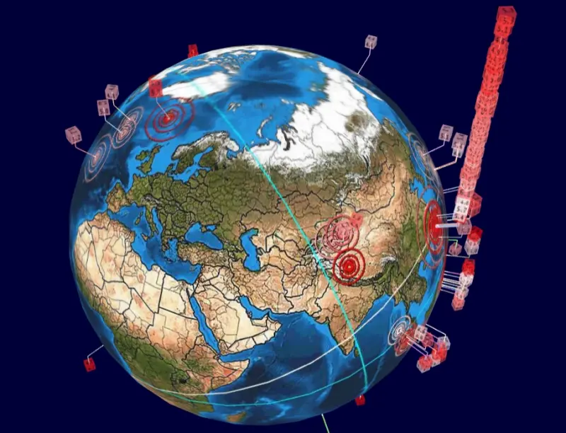 ▲今凌晨再度發生多起有感地震，根據全球地震3D即時直播圖「Earthquake 3D Live」顯示，發現到台灣地震頻率又再度突破天際線。（圖／翻攝「Earthquake 3D Live」）