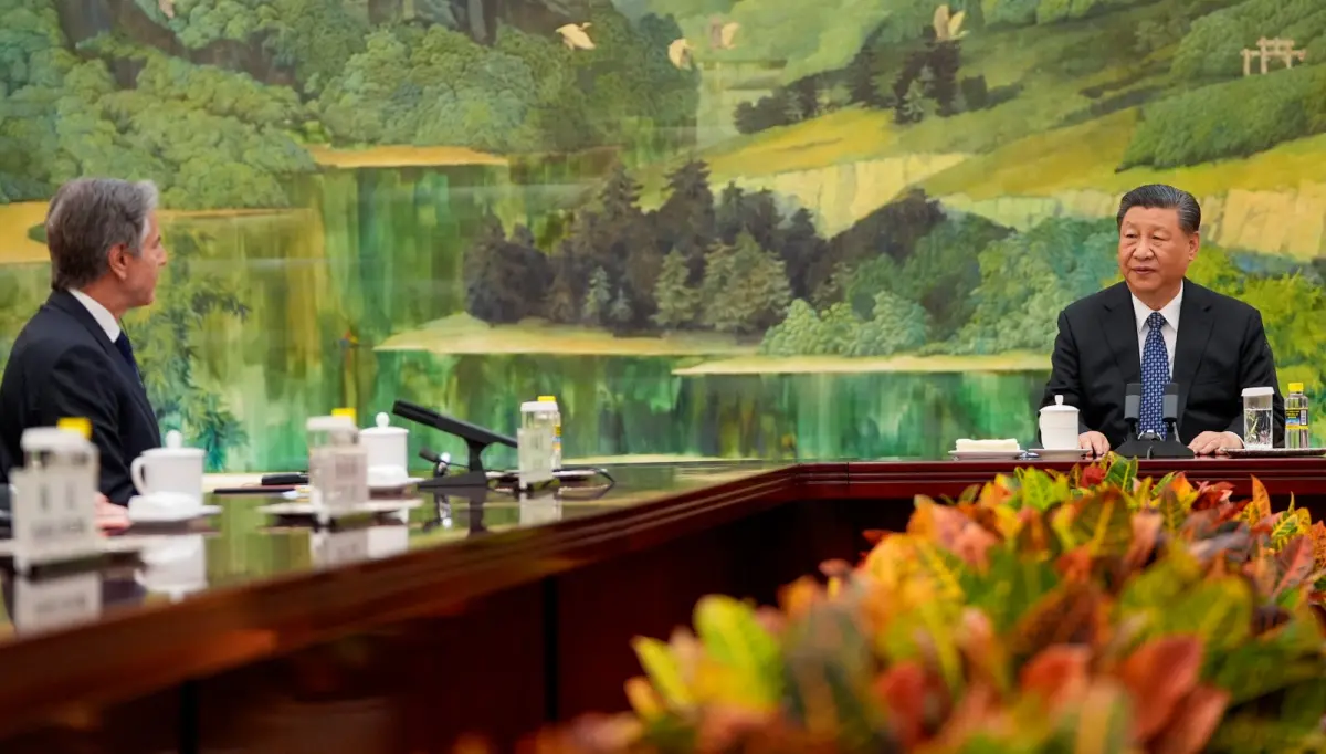 ▲美國國務卿布林肯（Antony Blinken），26日下午於北京人民大會堂，與中國國家主席習近平會晤。（圖／美聯社／達志影像）