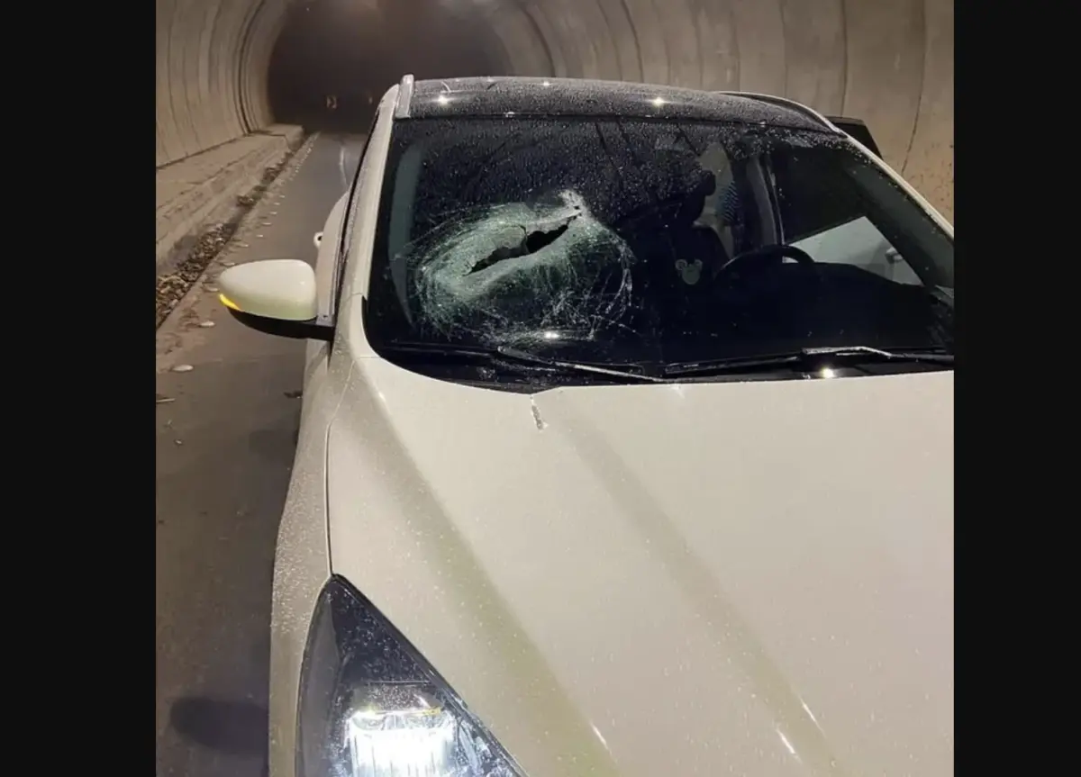 ▲一名男子在25日開車載著妻小行經國道3號苗栗後龍路段，突然天外飛來一塊重量達3公斤的鋼板，砸中前擋風玻璃，擦擊座椅再掉落後座踏墊，一家3口受到嚴重驚嚇，所幸無人傷亡，國道警方將調閱相關影像，找出掉落物車主。（圖／翻攝畫面）