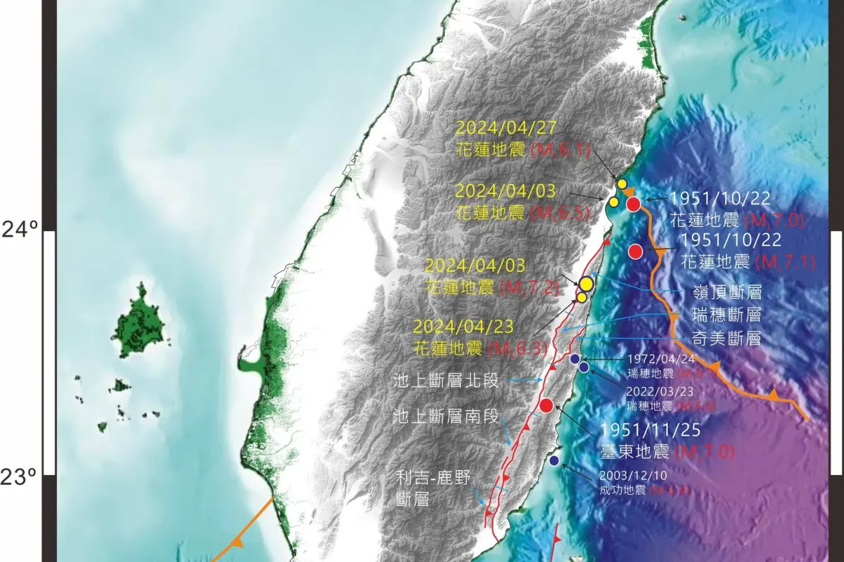 ▲0403強震後因斷層的應力傳導，可能導致縱谷斷層中南段發生斷裂，尤其中南段的奇美斷層、利吉–鹿野斷層以及池上斷層北段要注意。（圖／翻攝自陳文山臉書）