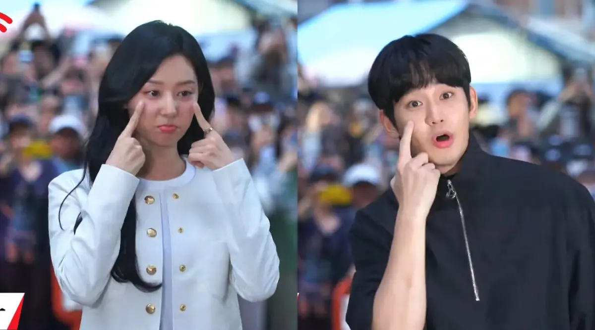 ▲金秀賢、金智媛（左）一起現身《淚之女王》終映晚宴，應要求比出「眼淚」姿勢。（圖／PICKCON / 픽콘YouTube）