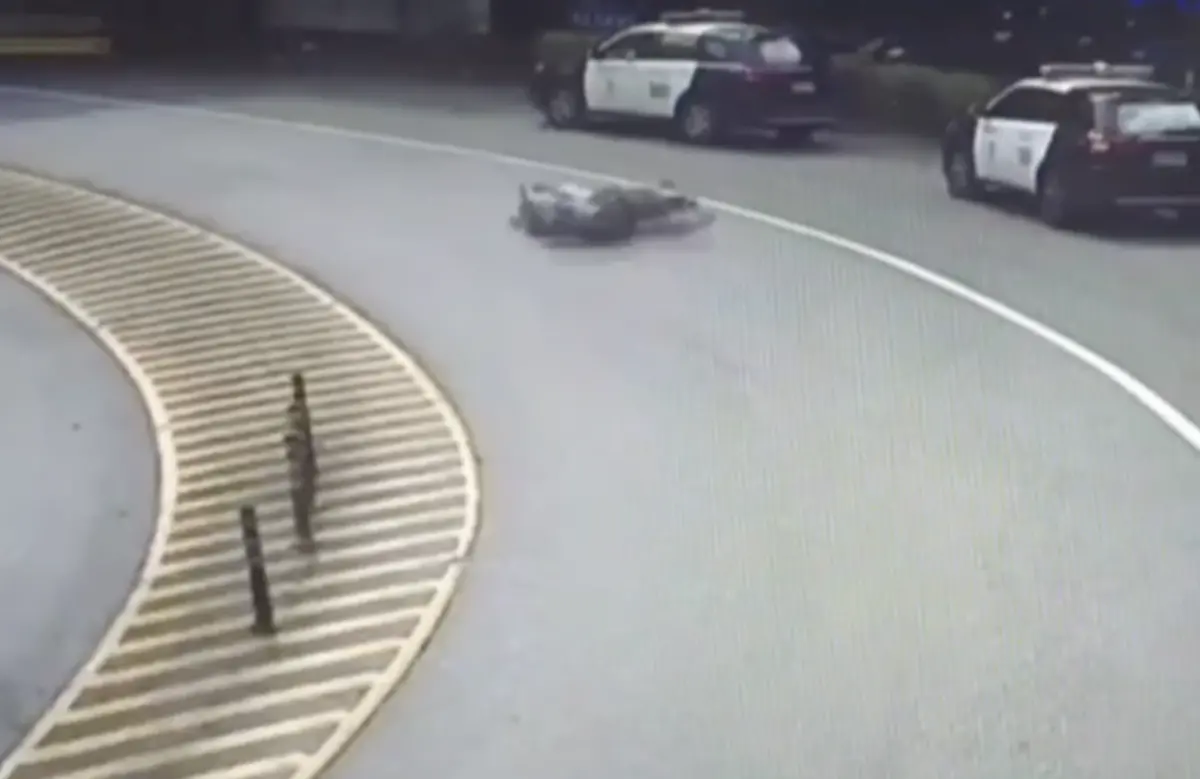 ▲北宜公路32.8公里今（27）日下午有員警在執勤時，一名23歲余姓重機騎士過彎重心不穩自摔，擦撞停放在路旁的新店警方巡邏車，車頭破了一個大洞，所幸騎士僅受輕傷（圖／翻攝畫面）