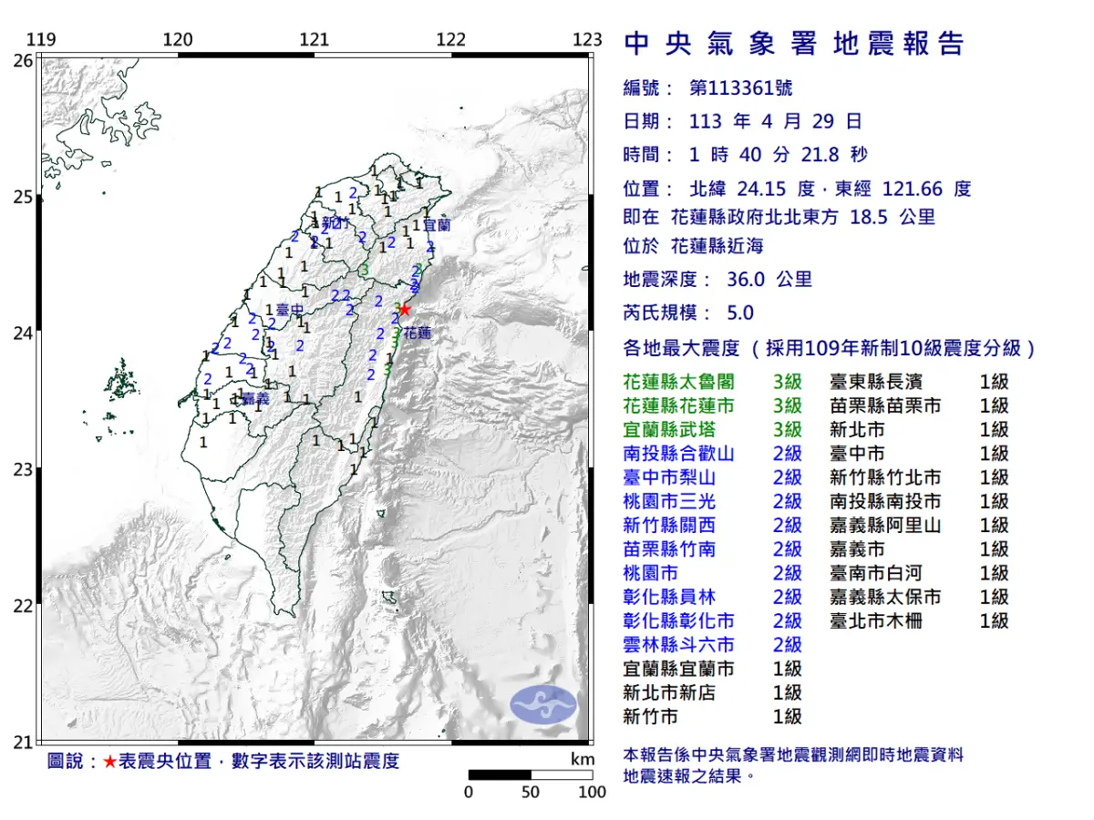 ▲據中央氣象署地震測報中心資料顯示，今（29）日凌晨01時40分，花蓮縣近海發生芮氏規模5地震。（圖／中央氣象署）