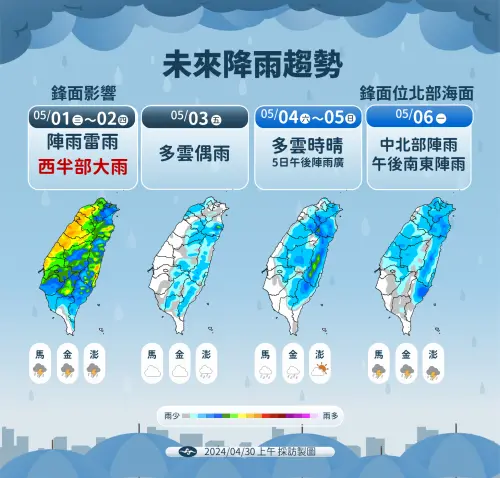 ▲明後天鋒面通過，各地容易出現短暫陣雨或雷雨，其中西半部、東北部及東部要留意「短延時強降雨」。（圖／中央氣象署提供）