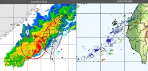 今晨4時雷達回波合成圖顯示，有一道颮線正要進入中南部（左圖），伴隨密集的閃電（右圖）。圖／取自「三立準氣象.老大洩天機」專欄