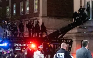 ▲紐約市警察利用雲梯強行從2樓進入遭抗議人士占領的「漢密爾頓大樓」。（圖／美聯社／達志影像）