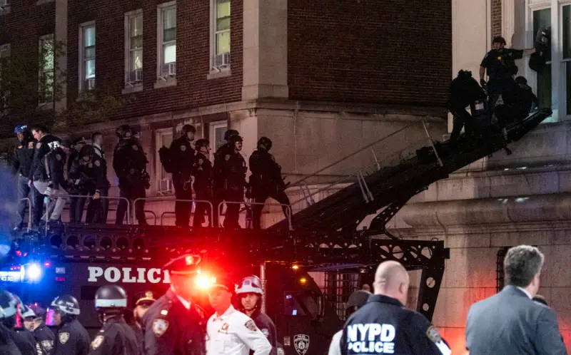 ▲紐約市警察利用雲梯強行從2樓進入遭抗議人士占領的「漢密爾頓大樓」。(圖/美聯社/達志影像)