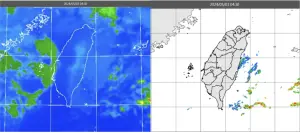 ▲今（3）晨4：30紅外線色調強化雲圖顯示，台灣上空雲層鬆散（左圖），4：30時雷達回波合成圖顯示，東半部有零星降水回波（右圖）。（圖／翻攝三立準氣象．老大洩天機）