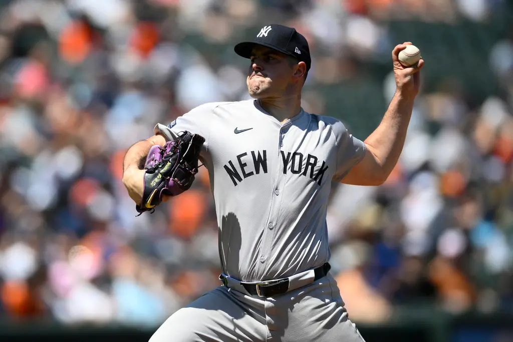 ▲美國職業棒球大聯盟（Major League Baseball）紐約洋基今（24）日客場迎戰克里夫蘭守護者，王牌左投Carlos Rodon七局無自責分，還狂飆8次三振，讓對手三度三上三下。（圖／美聯社／達志影像）