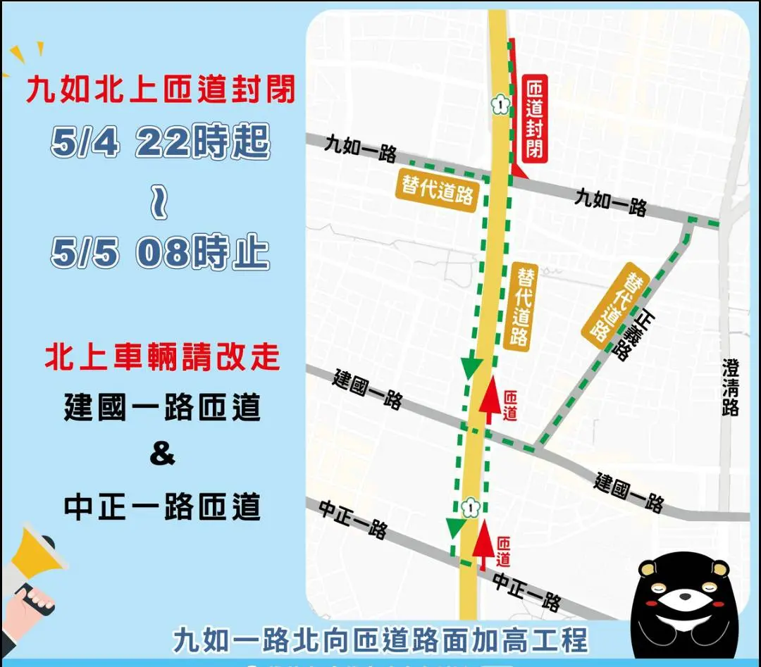 ▲高雄市三民區九如一路與九如一路214巷口國道北上匝道因入口處地勢較為低漥豪雨常有積水情形，預計4日22時至5日8時封閉施工。