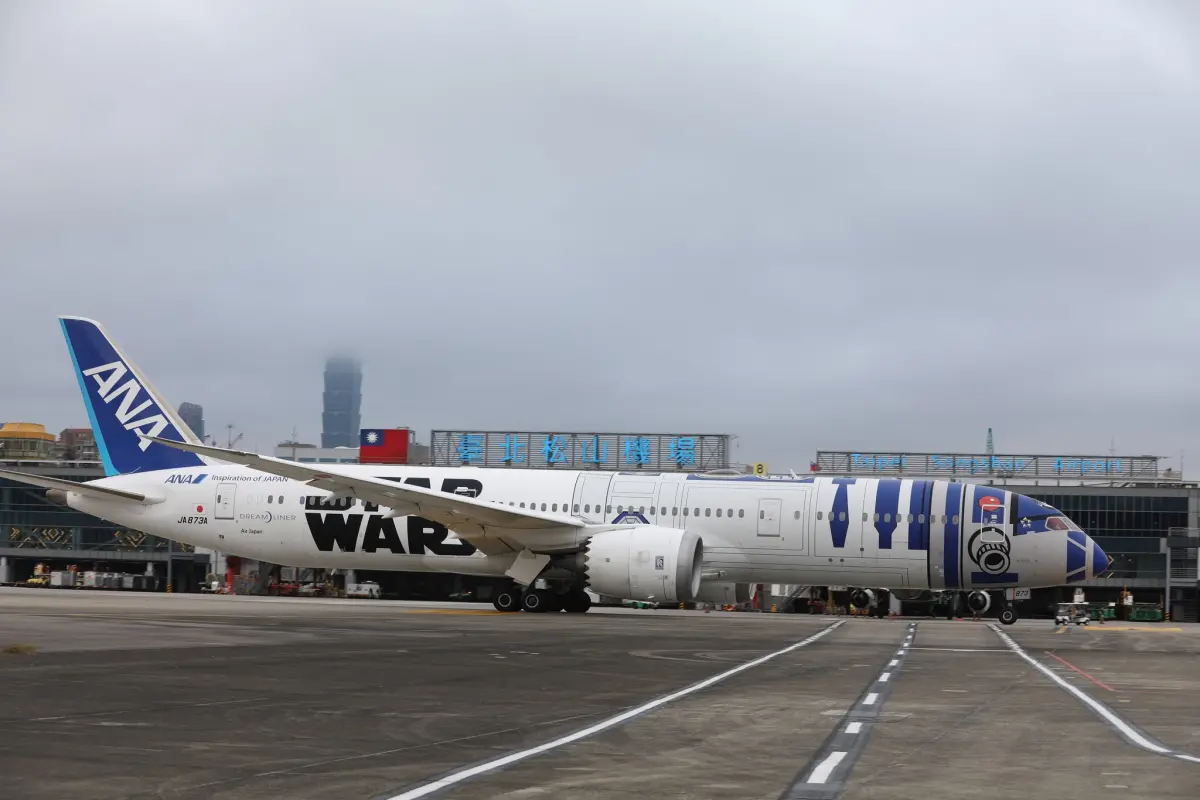 ▲全日空R2D2星際大戰彩繪機是全球唯一一架星際大戰塗裝飛機。（圖／取自松山機場粉專）