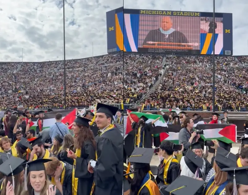 ▲密西根大學畢業典禮有挺巴勒斯坦示威者高舉旗幟亂場。（圖／翻攝自Ｘ）