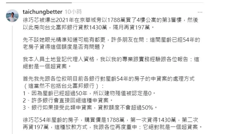 ▲民進黨前台中市議員張耀中擁有土地代書資格，他斷言徐巧芯的購屋一定是超貸。（圖／翻攝自張耀中Treads）