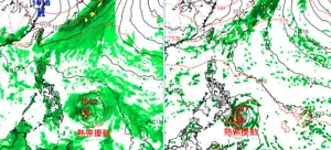 ▲最新(7日20時)美國〔GFS(左圖)〕及加拿大〔CMC(右圖)〕模式，模擬下週一(13日20時)海平面氣壓圖顯示，菲律賓東方海面有「熱帶擾動」發展，但兩者模擬位置、強度差異大。（圖／「三立準氣象．老大洩天機」）