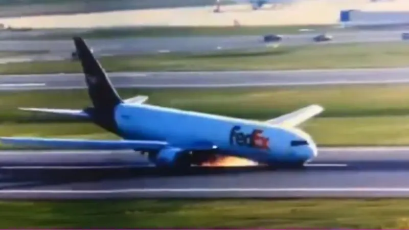 ▲FedEx一架波音767貨機，8日在土耳其伊斯坦堡機場降落時，因起落架無法順利打開，在著陸時機頭一度與跑道摩擦起火。（圖／擷取自影片）