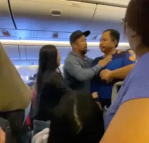 ▲機上其他乘客也幫忙安撫藍衣男子。（圖／翻攝自讀者授權提供影片）