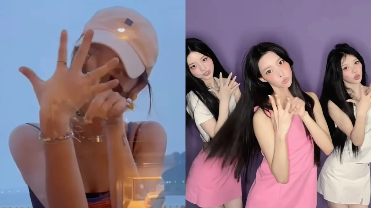 ▲王淨（左）挑戰ILLIT（右）《Magnetic》手指舞，手速越來越慢害羞離場，粉絲看完笑翻：「在數一月大二月小？」（圖／王淨IG、ILLIT IG）